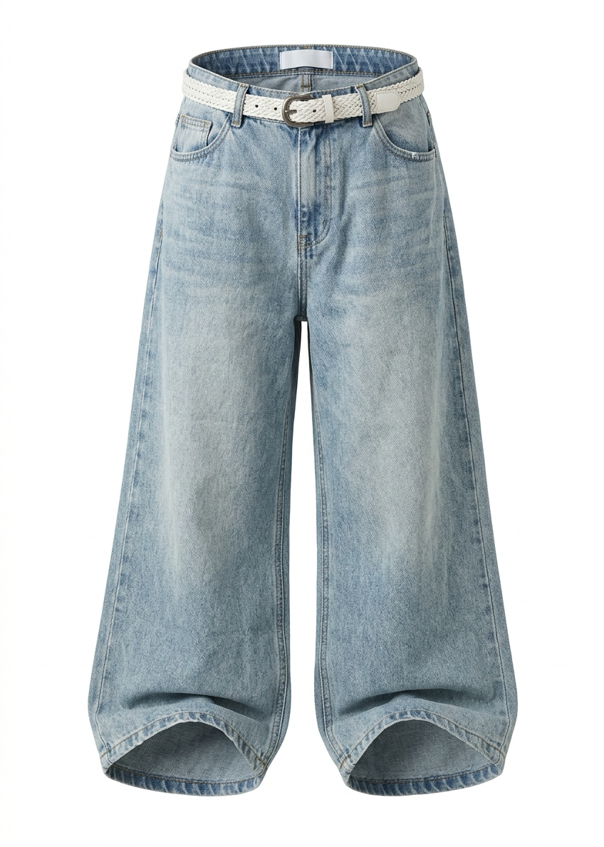 Girls’ Vintage Wash Wide-Leg Jeans with White Belt