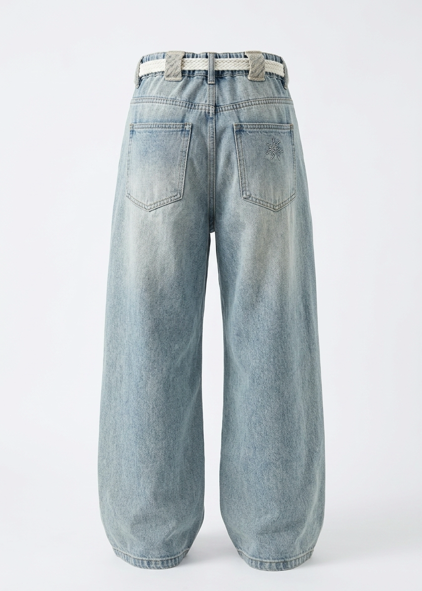 Girls’ Vintage Wash Wide-Leg Jeans with White Belt