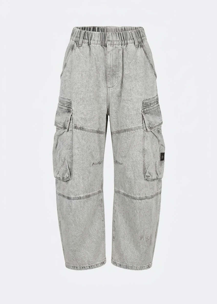 Boys’ Vintage Washed Cargo Baggy Jeans – Light Gray