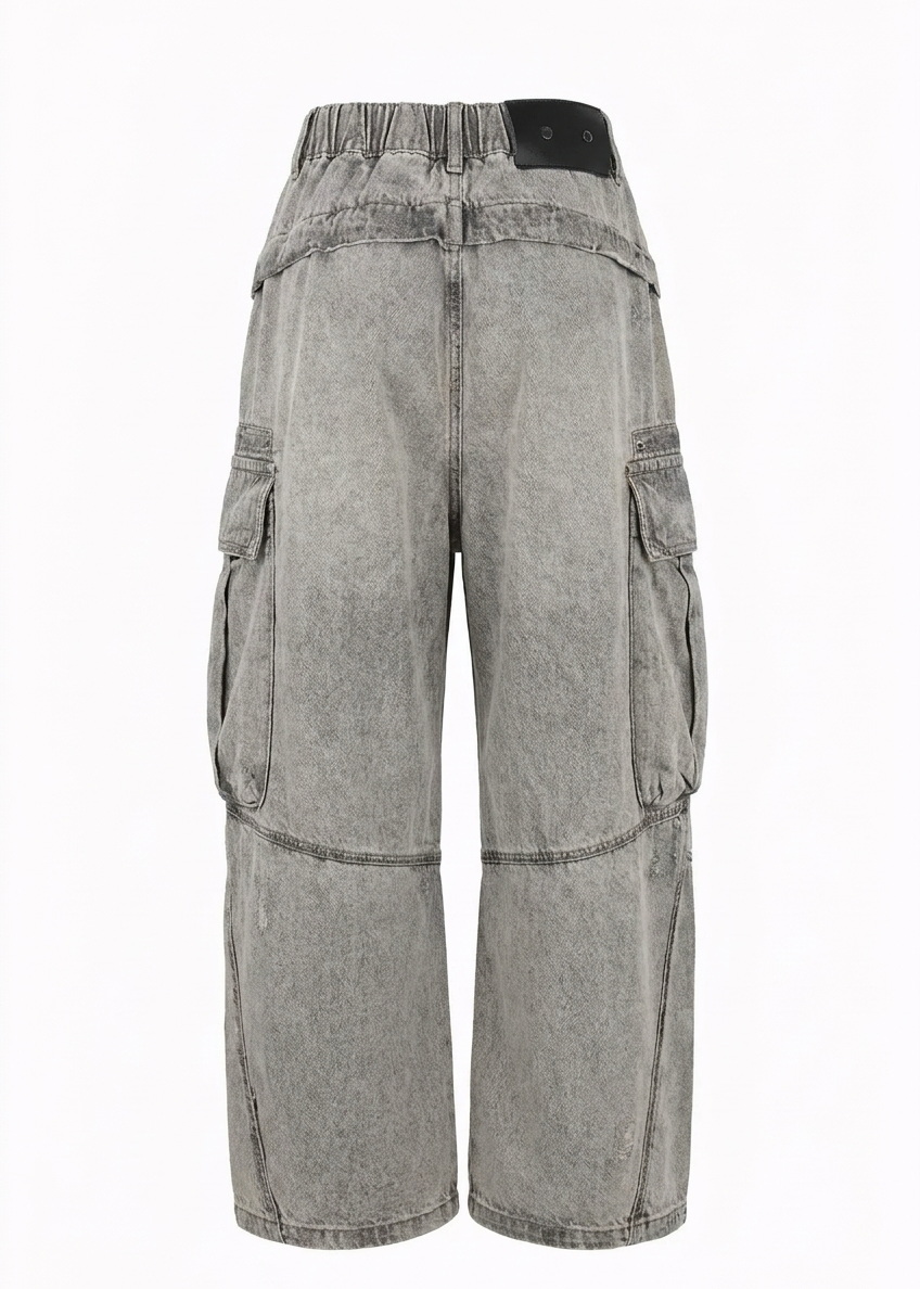 Boys’ Vintage Washed Cargo Baggy Jeans – Light Gray