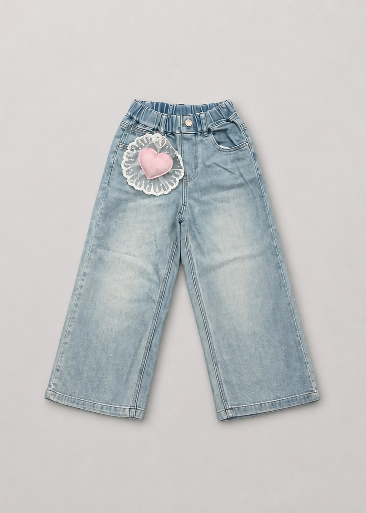 Girls’ Light Blue Wide-Leg Jeans with Pink Heart Detail