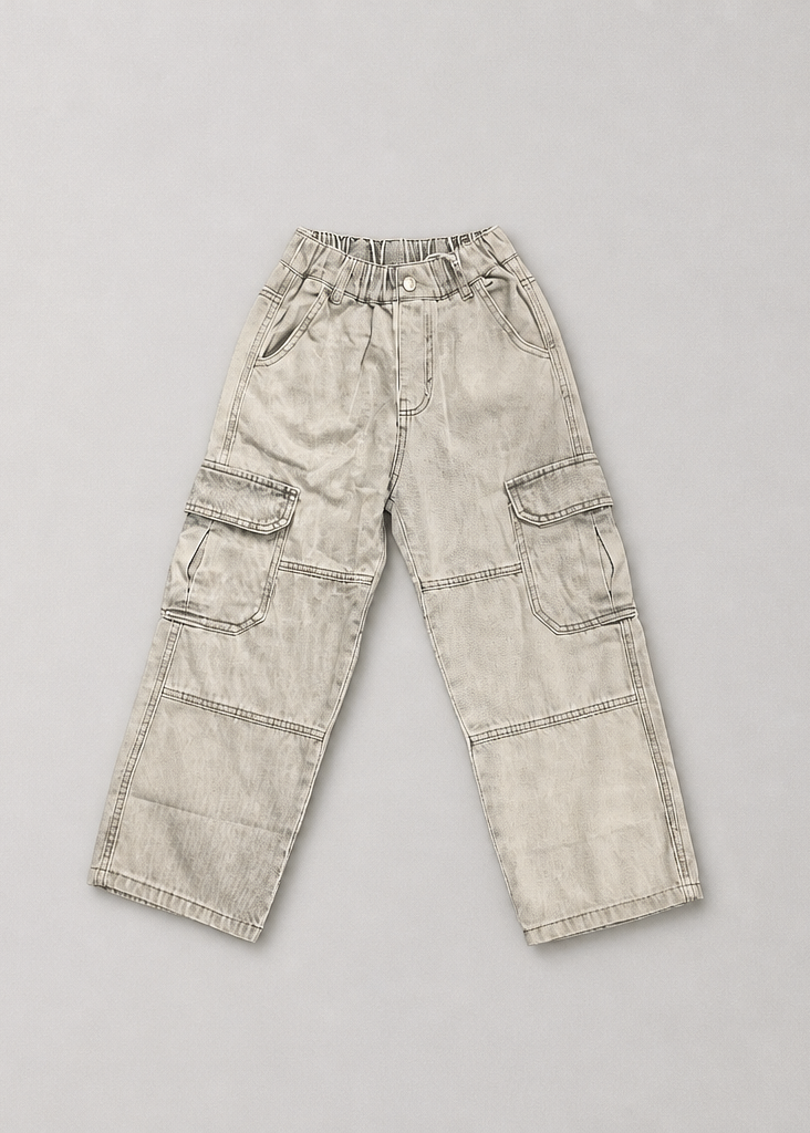 Boys’ Washed Gray Baggy Cargo Jeans – Elastic Waist