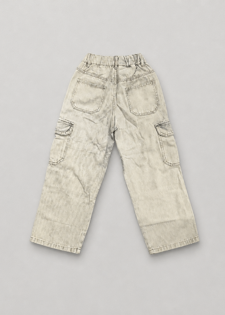 Boys’ Washed Gray Baggy Cargo Jeans – Elastic Waist
