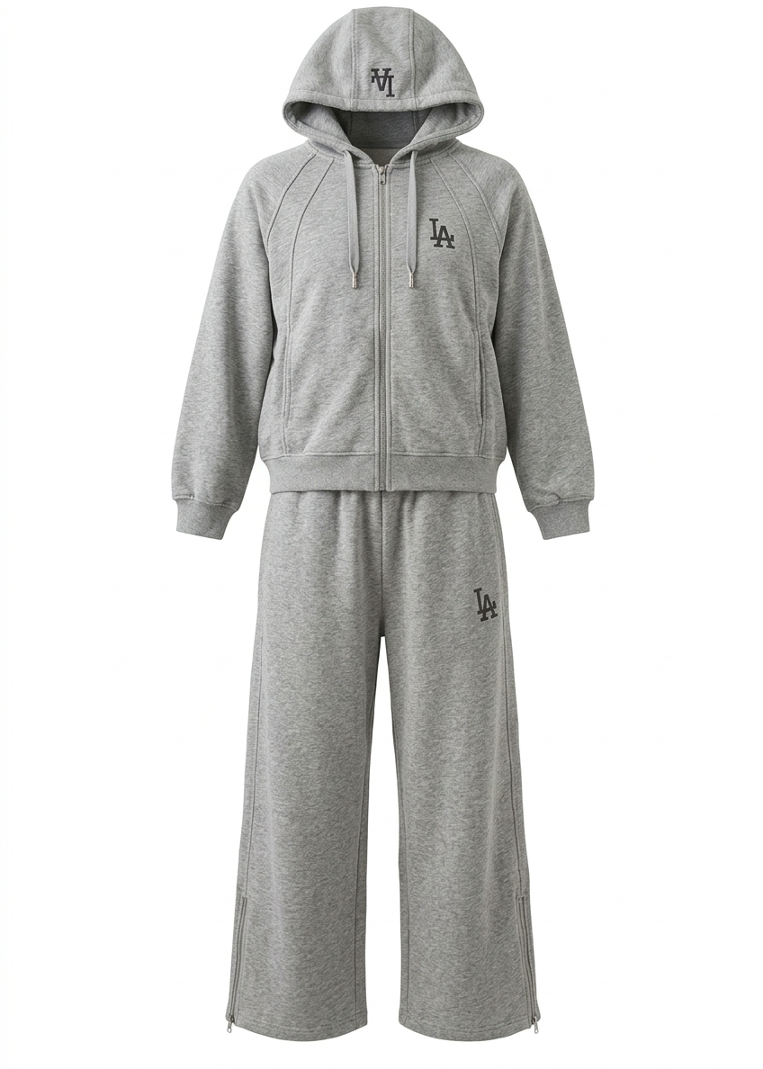 LA Kids Zip-Up Hoodie & Wide-Leg Pants Set – Heather Gray
