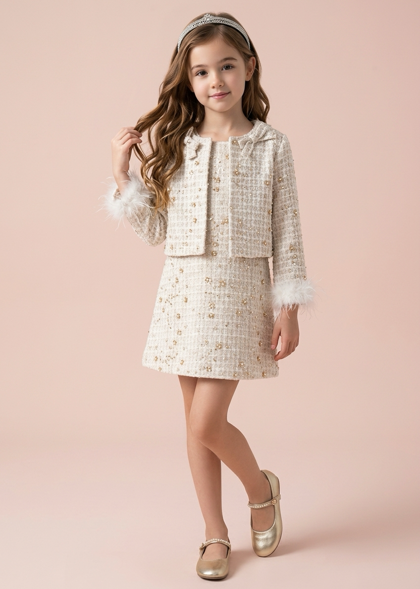Gold Trim Tweed Jacket & Dress Set