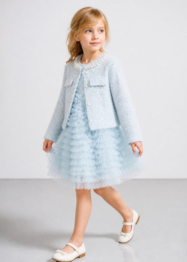 Girls' Blue Tweed Jacket & Tulle Dress Set
