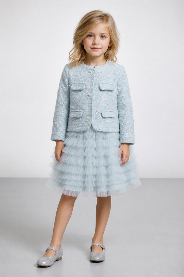 Blue Flowers Tweed Jacket & Tulle Dress