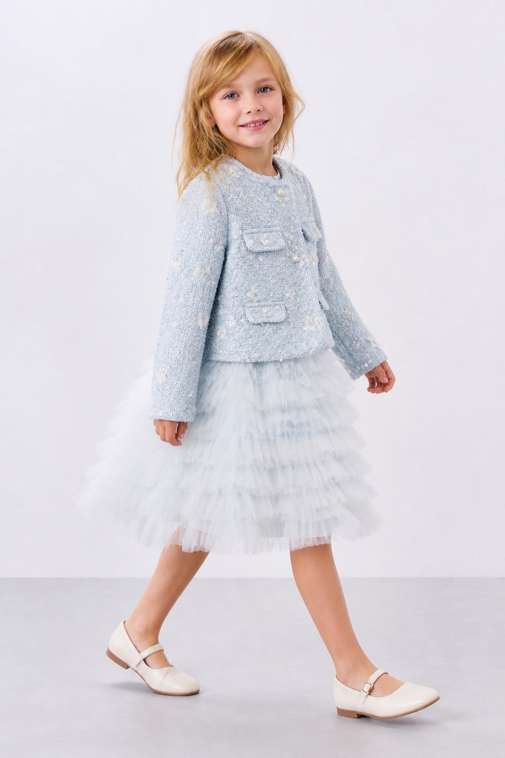 Blue Flowers Tweed Jacket & Tulle Dress