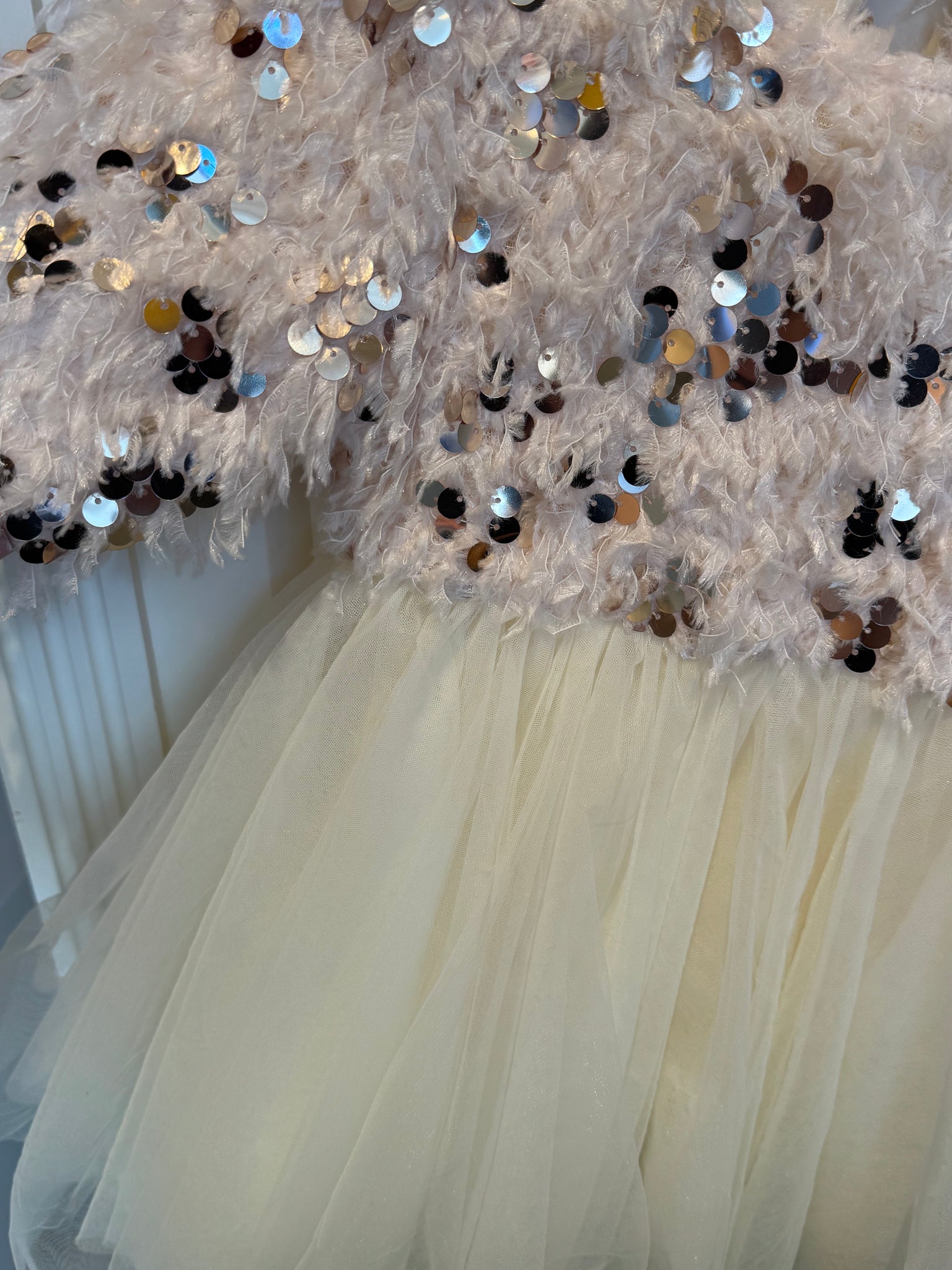 Decorative fabric with sequins and tulle, possibly from a festive or celebratory item.