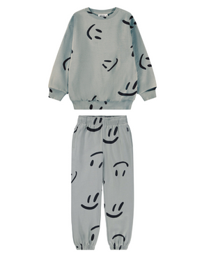 Light gray sweatshirt and pants set with smiley face patterns on a white background