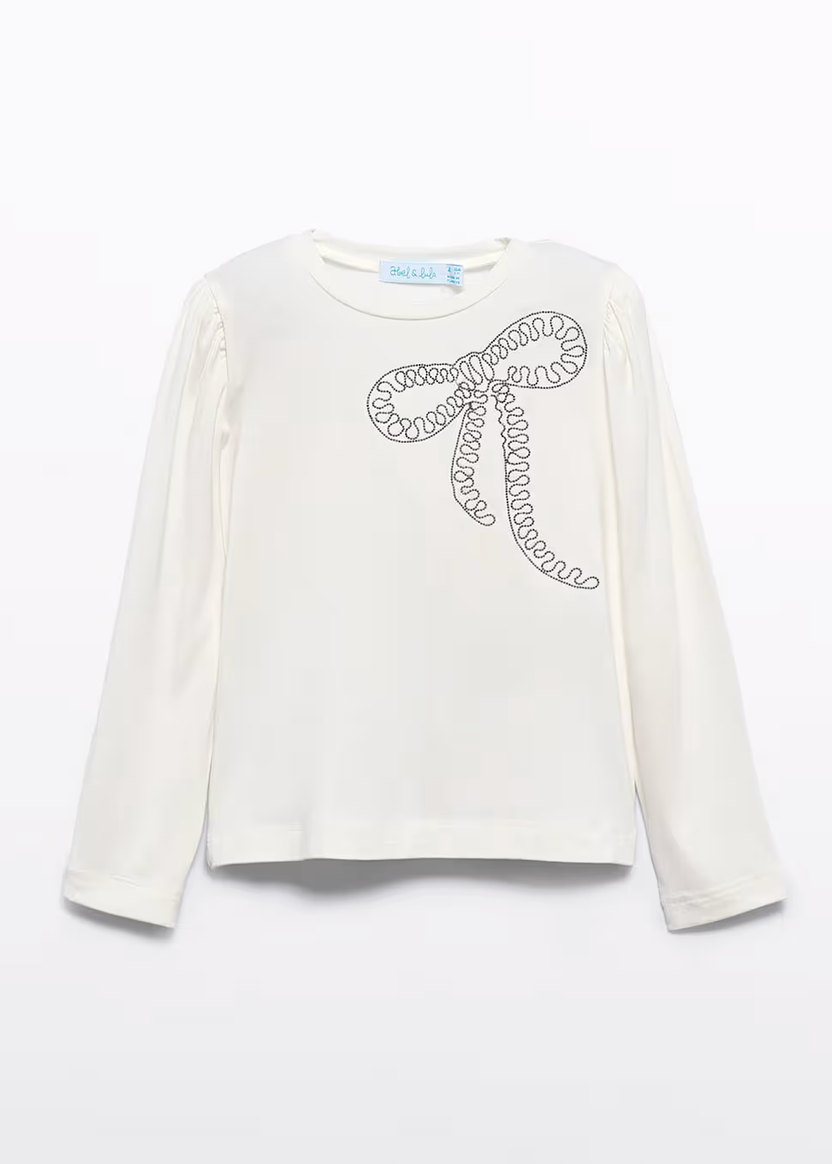 White long-sleeve shirt with a decorative bow design on a white background