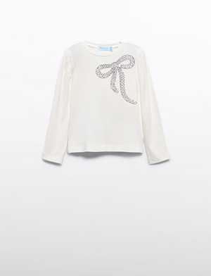 Cream Embroidered T-Shirt with Bow