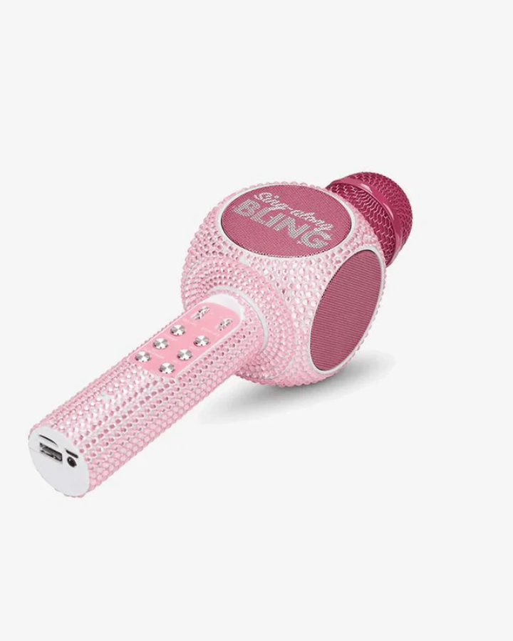 Pink microphone with 'bling' text on a white background