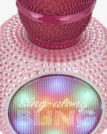 Pink electronic device with colorful display on a white background