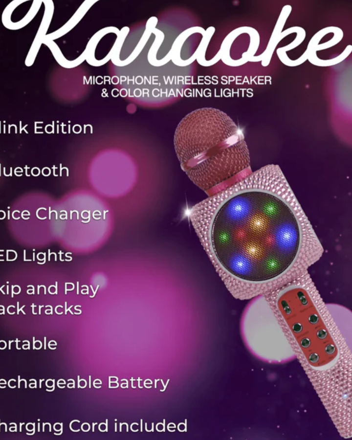 Karaoke microphone with wireless speaker and color-changing lights on a purple background