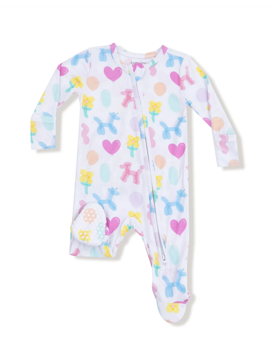 Baby onesie with colorful balloon dog and heart pattern on a white background