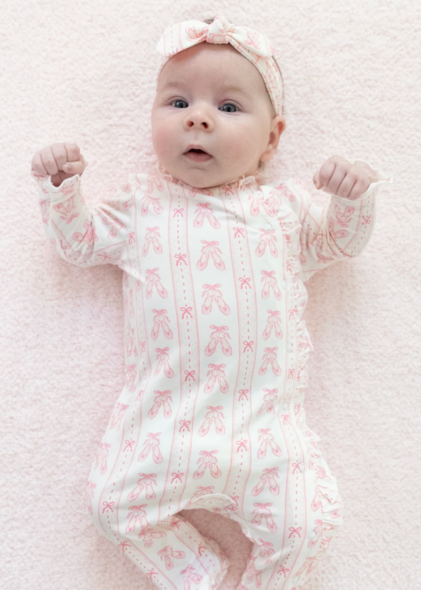 Ballet Shoes Ribbon Stripe - Kimono Ruffle Snap Footie