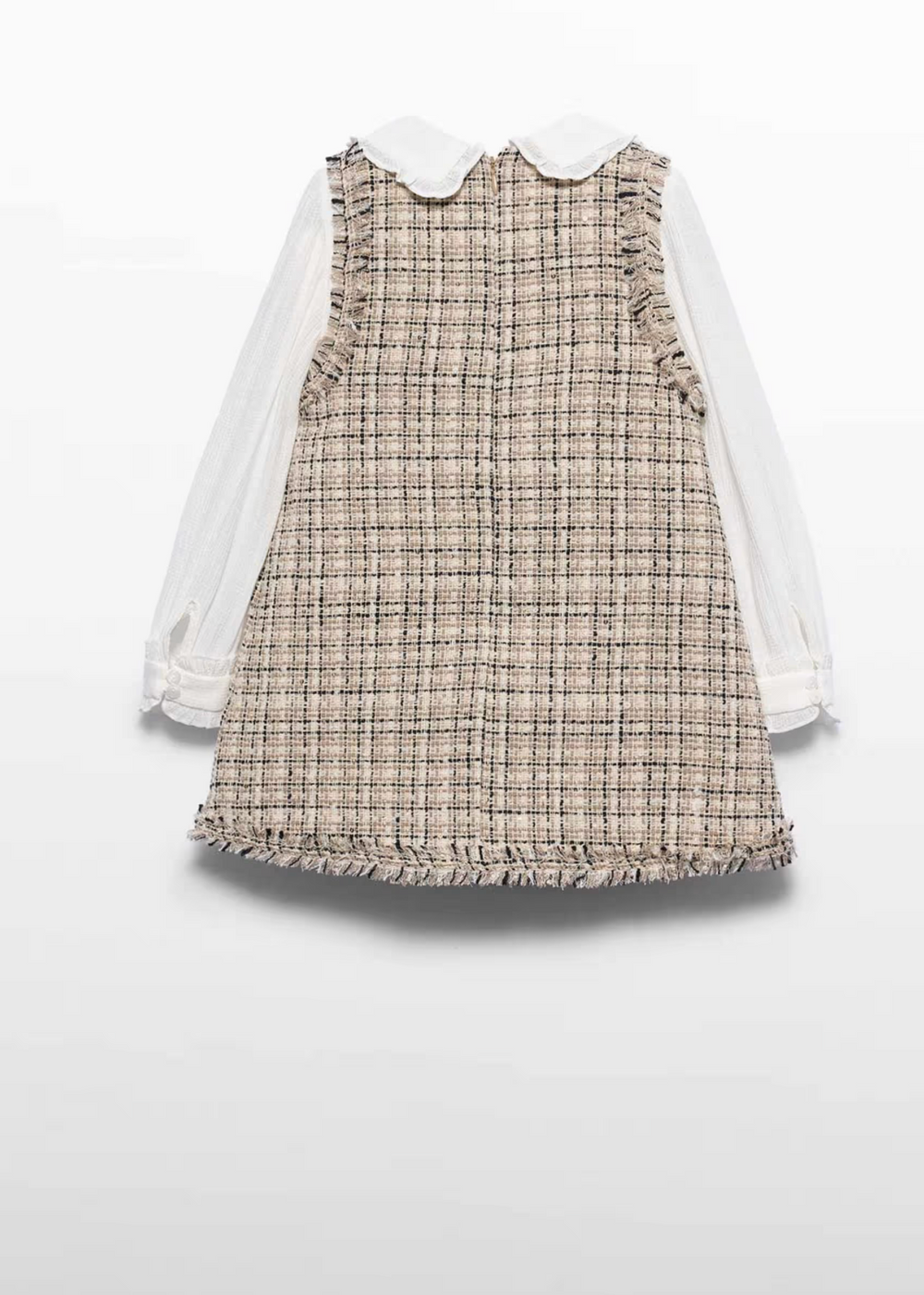 Girls’ Classic Tweed Pinafore Dress with Blouse – Ivory & Beige