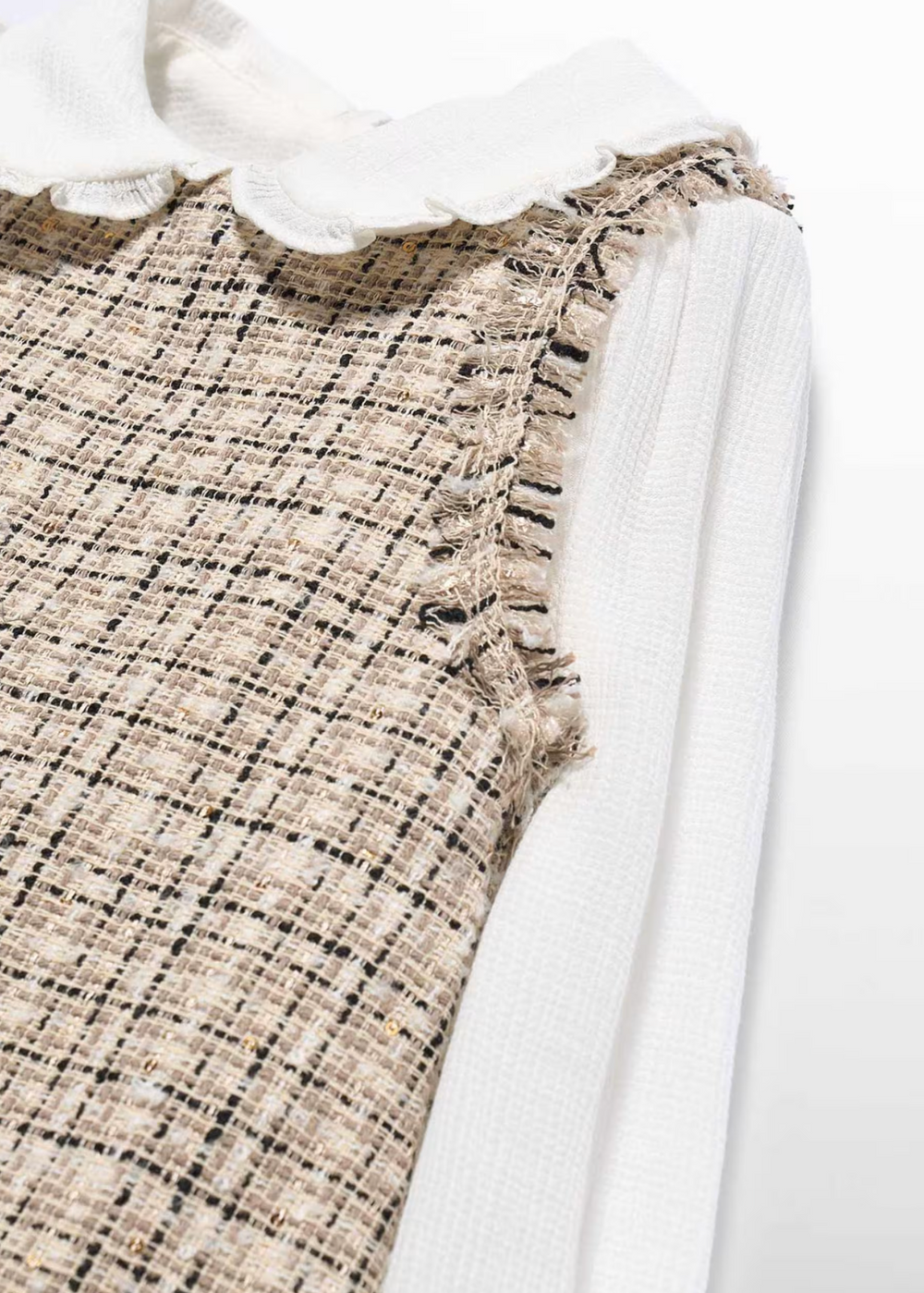 Girls’ Classic Tweed Pinafore Dress with Blouse – Ivory & Beige