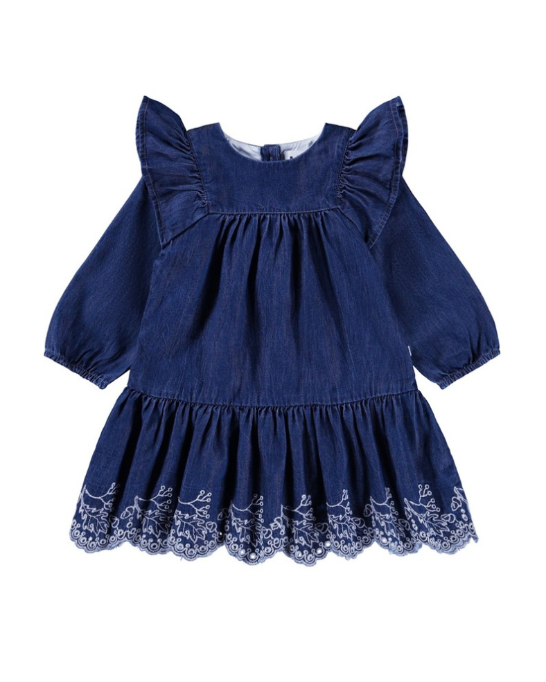 Navy blue dress with ruffled sleeves and floral embroidery on a white background