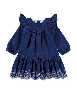 Navy blue dress with ruffled sleeves and floral embroidery on a white background