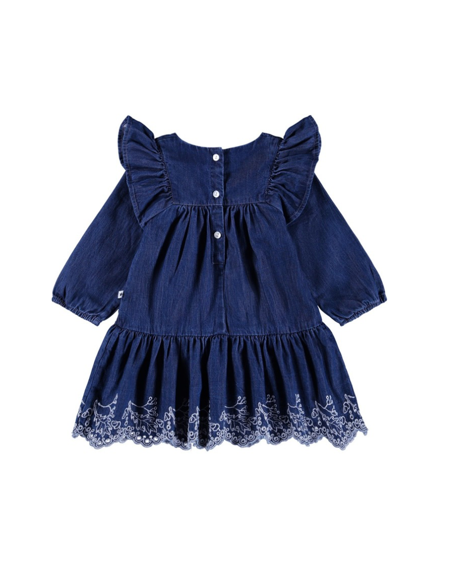 Blue denim dress with ruffled sleeves and lace trim on a white background