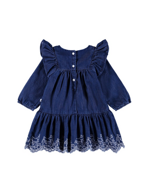 Blue denim dress with ruffled sleeves and lace trim on a white background