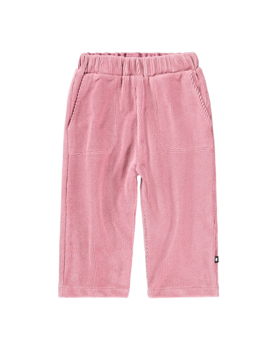 Pink corduroy pants on a white background