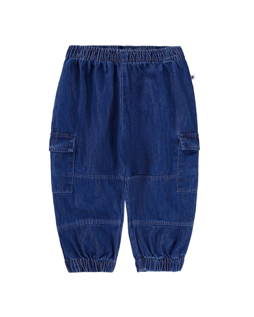 Blue denim cargo pants on a white background