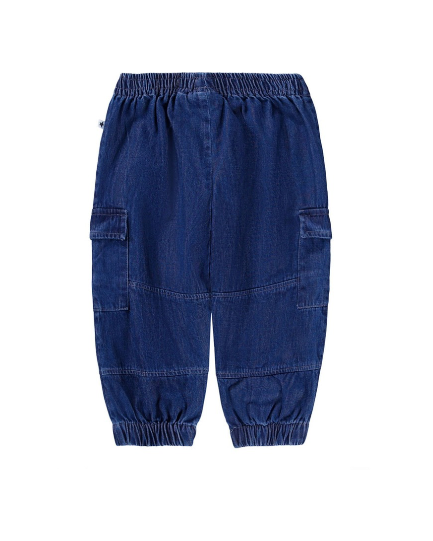 Blue denim cargo pants on a white background