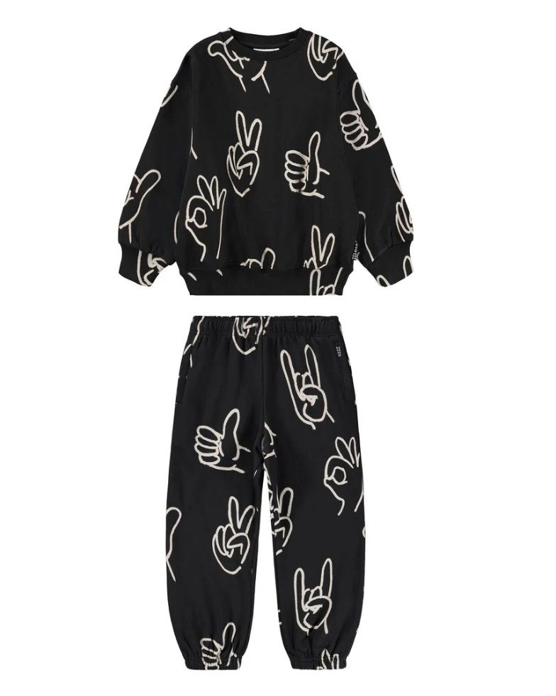 Black outfit with white hand gesture patterns on a white background