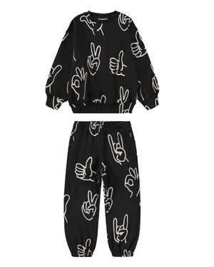 Black outfit with white hand gesture patterns on a white background