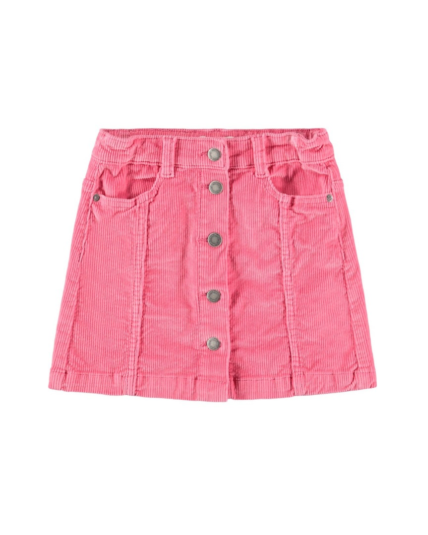 Pink skirt with button details on a white background