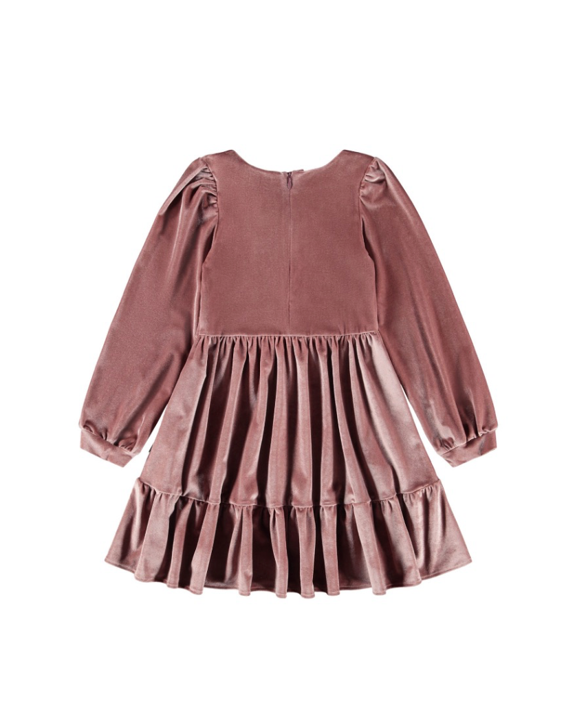 Pink velvet dress with long sleeves on a white background