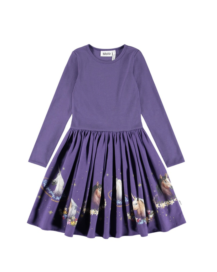 Purple dress with a pattern on the skirt against a white background
