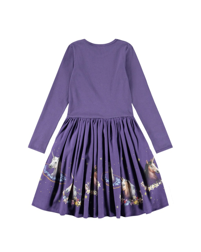 Purple dress with a patterned skirt on a white background