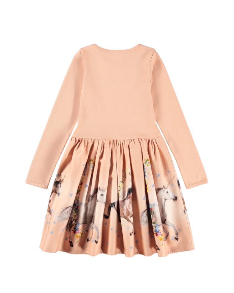 Beige dress with horse print on a white background