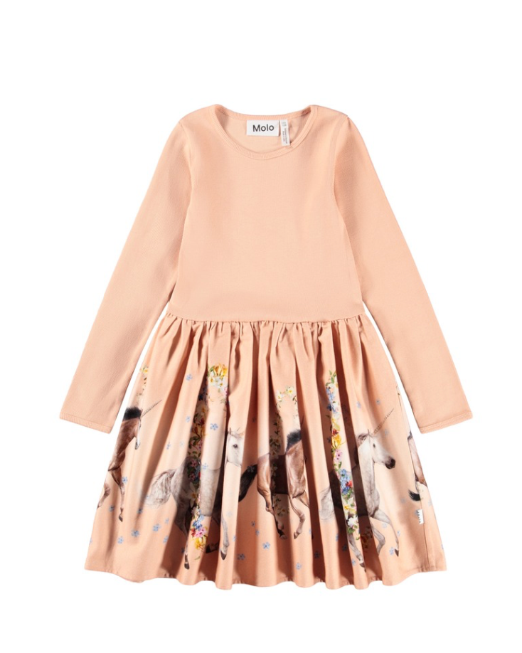 Beige dress with a patterned skirt on a white background