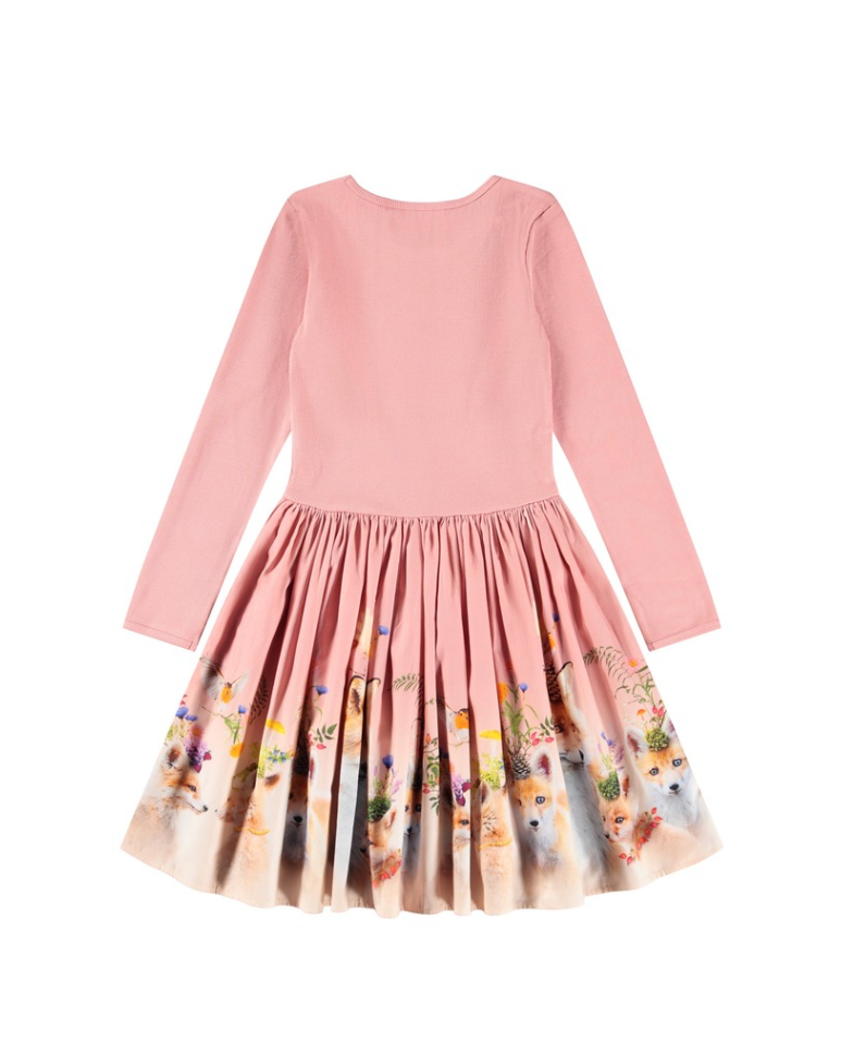 Pink dress with a floral skirt on a white background