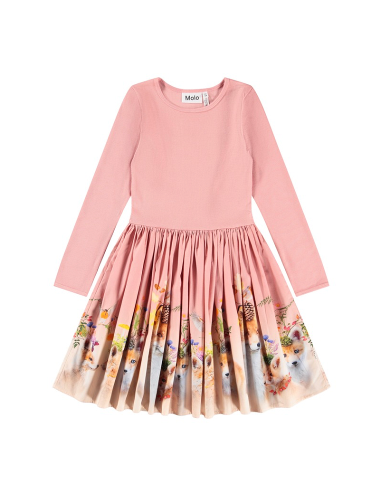 Pink dress with a colorful animal print skirt on a white background