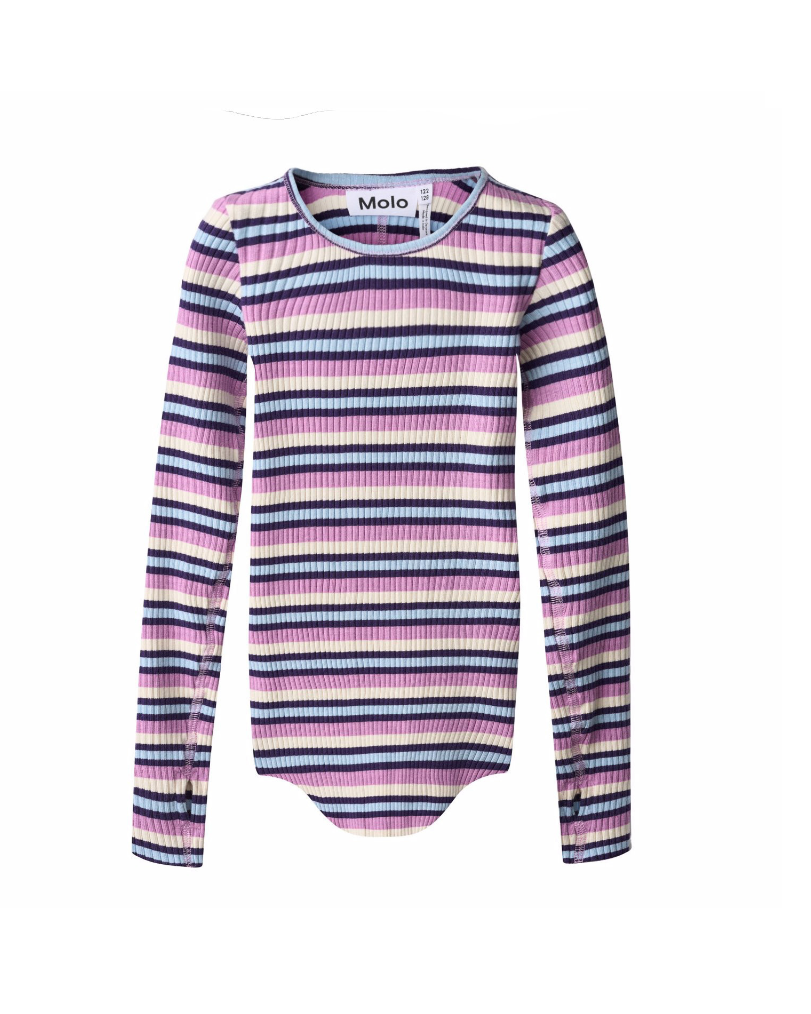 Striped long-sleeve bodysuit with 'Molo' branding on a white background