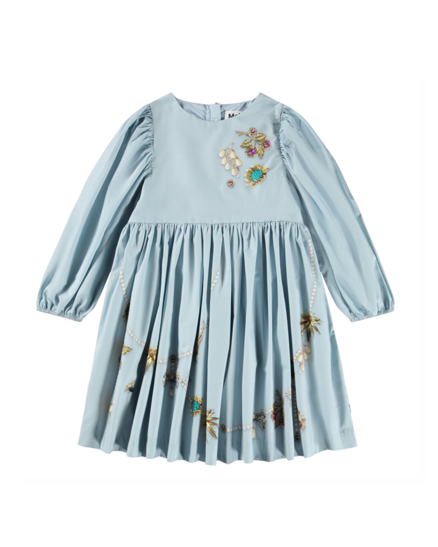 Light blue dress with floral embroidery on a white background