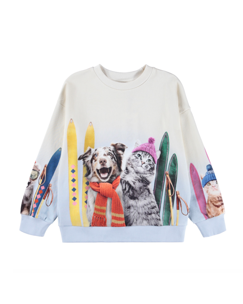 Sweatshirt with a design of a dog and cat holding skis on a white background