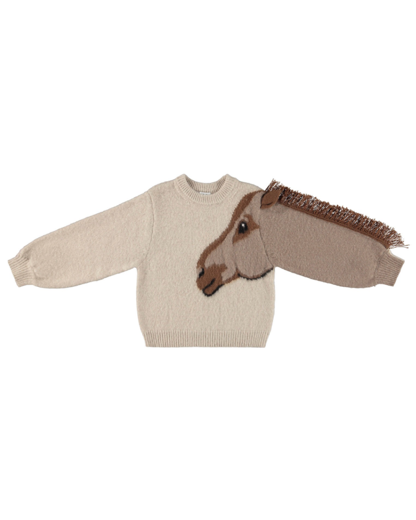 Children's sweater with a horse face design on a white background