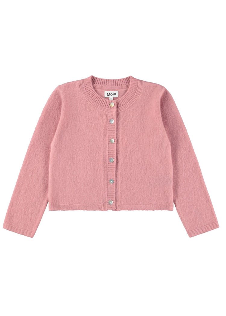 Pink cardigan with button details on a white background
