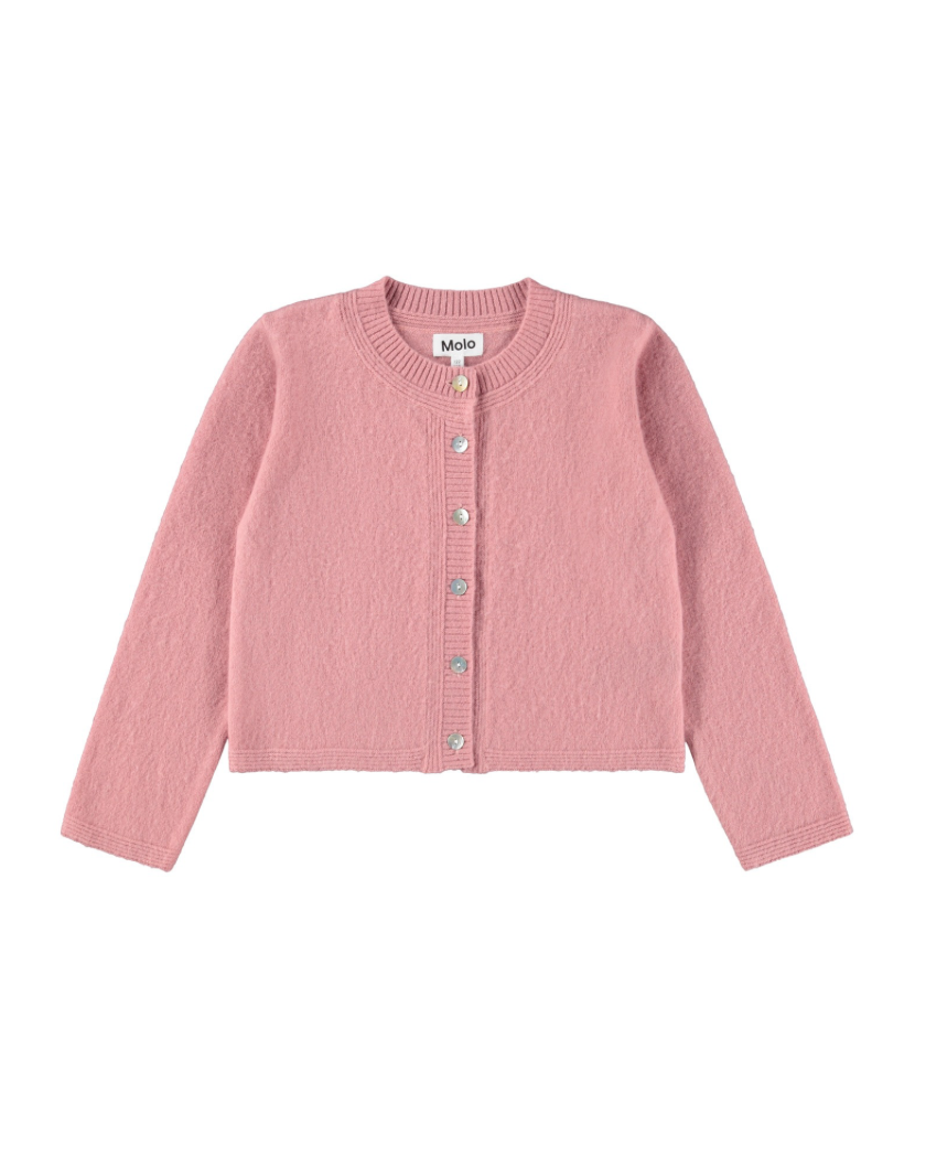 Pink cardigan with button details on a white background