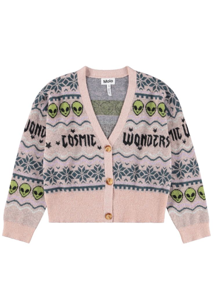 Cardigan with alien and text design on a white background