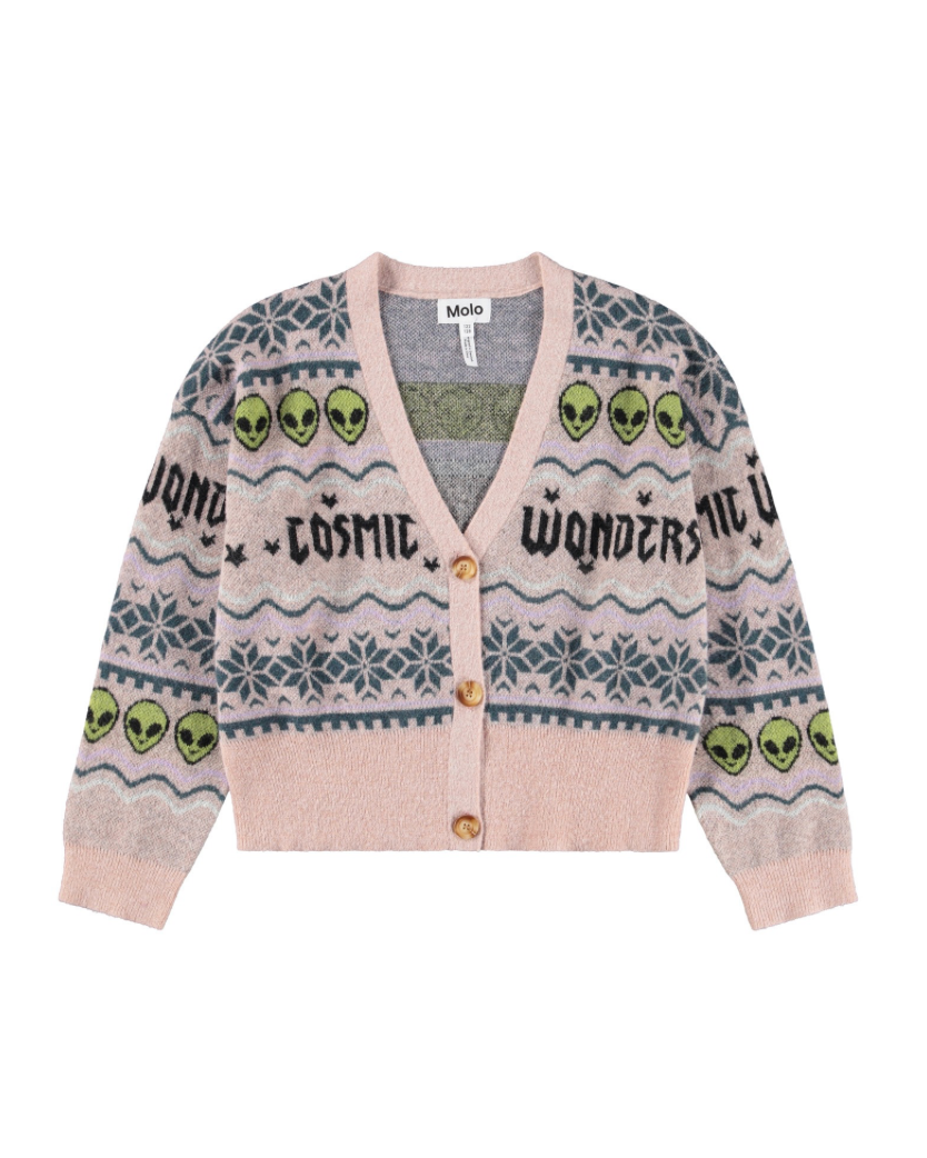 Cardigan with alien and text design on a white background