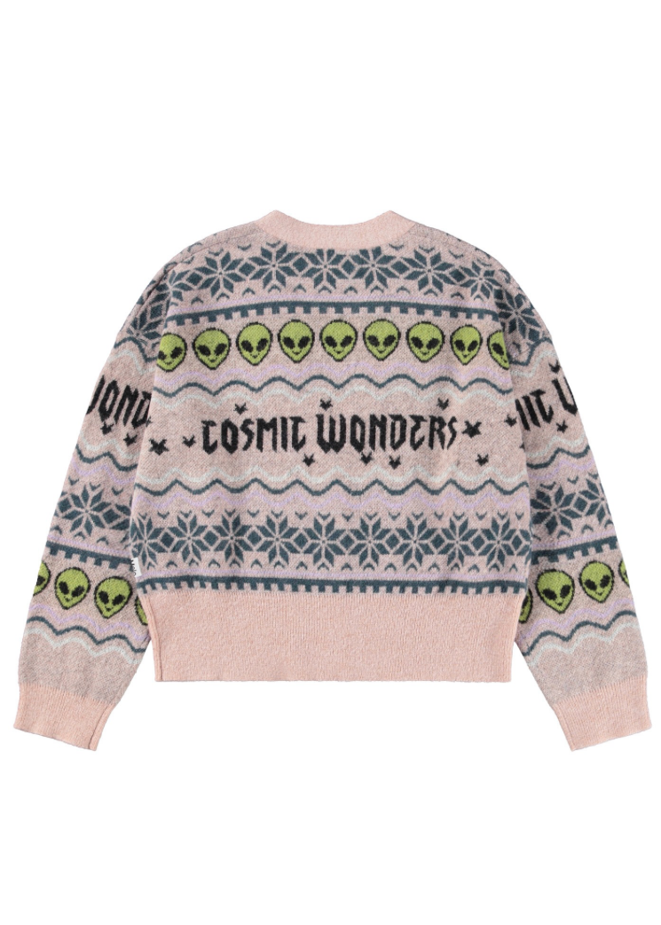 Sweater with alien graphics and text on a white background