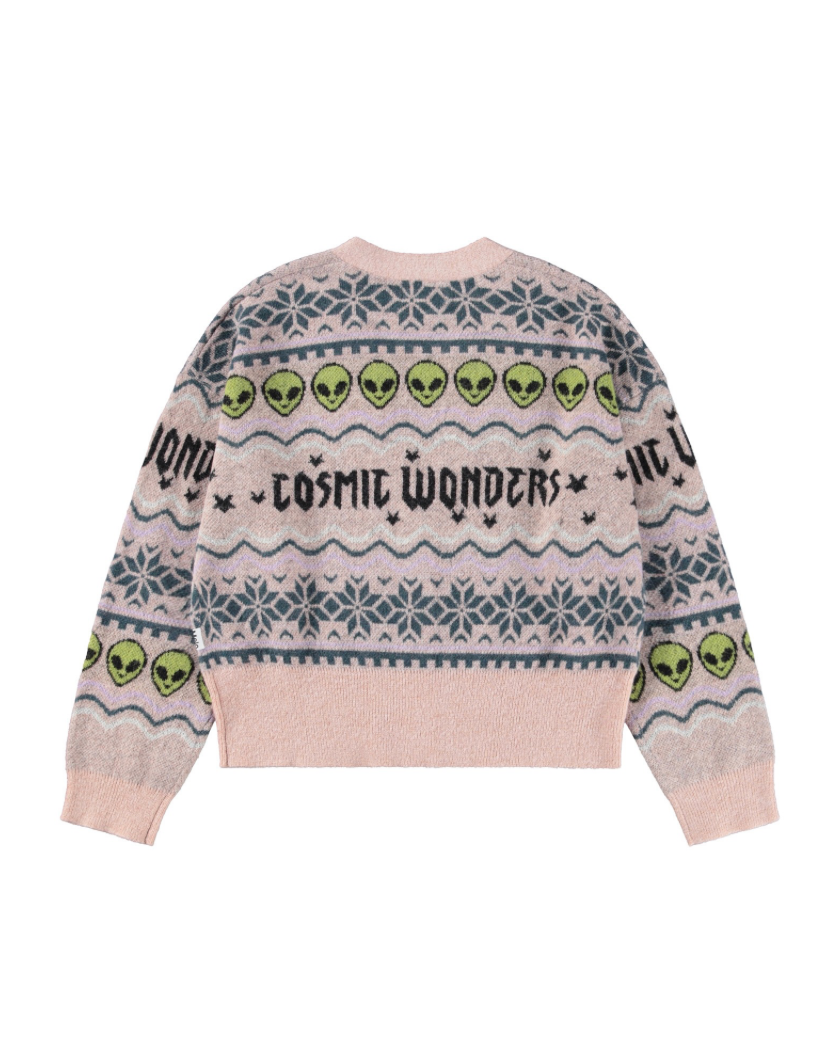 Sweater with alien graphics and text on a white background
